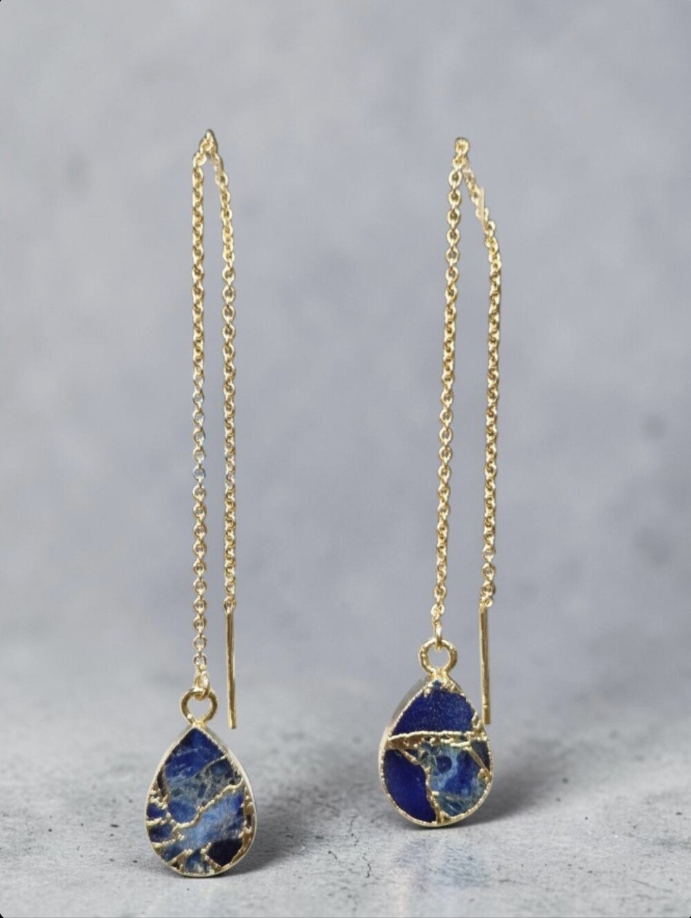 18k Gold Plated Artisan Lapis Lazuli Mohave Turquoise Teardrop Threader Earrings